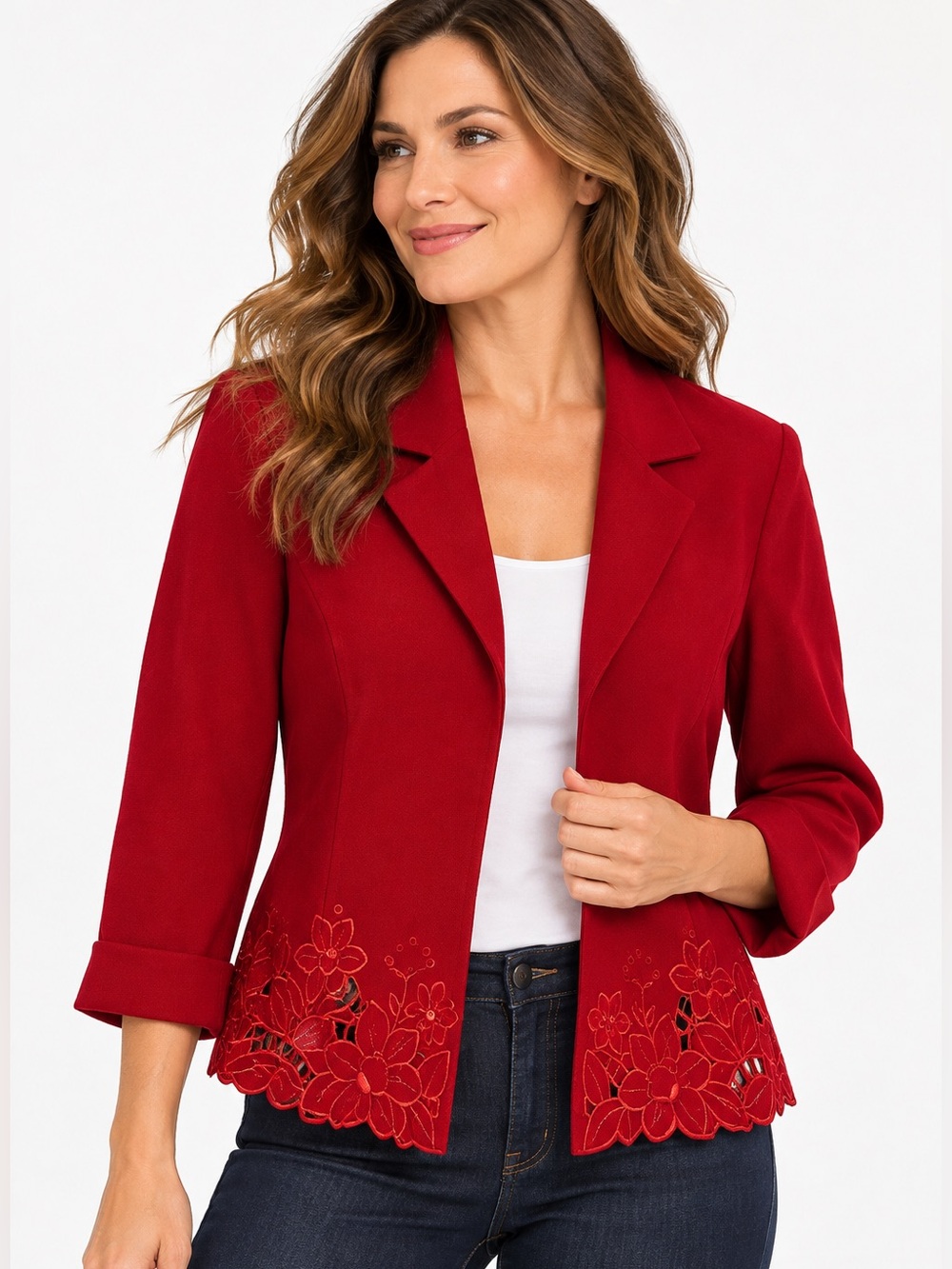 Natural Impressions Red Floral Embroidered Blazer Jacket Size M